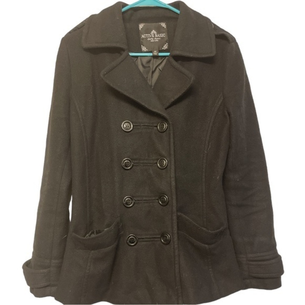 Women's Black Active Basic Fleece Peacoat Jacket Size Med EUC #3571